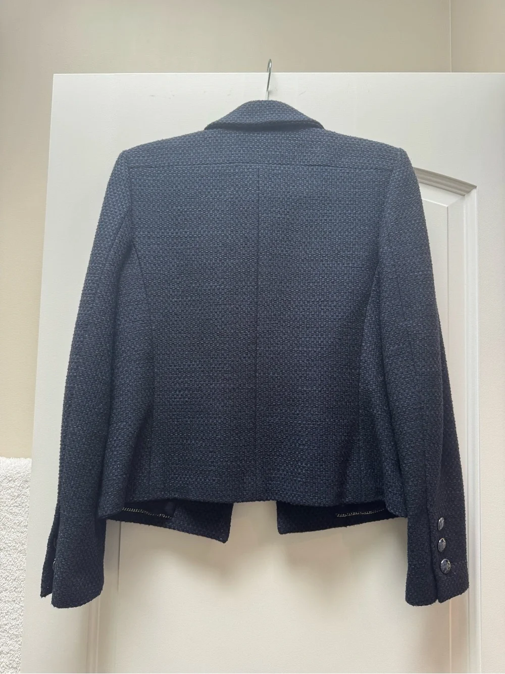 CHANEL Navy Textured Tweed Blazer Jacket CC Logo Buttons FR 38 US 6